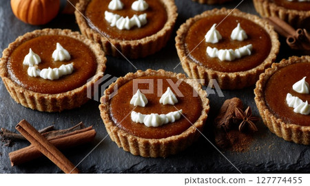 Smiling Pumpkin Pie Tarts with Spices on Dark Background 127774455