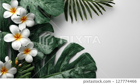 White Plumeria Flowers and Lush Green Tropical Leaves on White Background White Plumeria Flowers and Lush Green Tropical Leaves on White Background 127774466