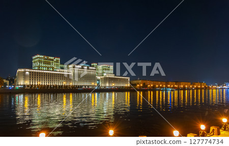 Night view of the Ministry of Defence of Russian Federation, and Moscow river embankment Night view of the Ministry of Defence of Russian Federation, and Moscow river embankment 127774734