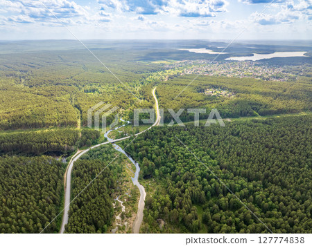 Aerial view of lake or river green shore with forest. Summer season. Aerial view of lake or river green shore with forest. Summer season. 127774838