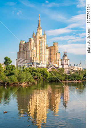 The view on the residential Stalinist high-rise building on Kudrinskaya Square. It is the one of seven Stalinist skyscrapers built in 1947-1954. The view on the residential Stalinist high-rise building on Kudrinskaya Square. It is the one of seven Stalinist skyscrapers built in 1947-1954. 127774864
