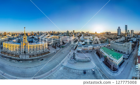 Yekaterinburg City Administration or City Hall. Central square. Evening city in the early spring, Aerial View. 127775008