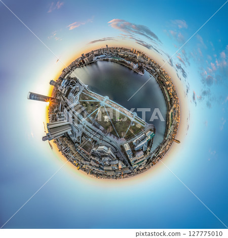 Yekaterinburg city with Buildings of Regional Government and Parliament, Dramatic Theatre, Iset Tower, Yeltsin Center, Aerial View. Little planet sphere mode 127775010