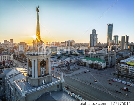 Yekaterinburg City Administration or City Hall. Central square. Evening city in the early spring, Aerial View. Yekaterinburg City Administration or City Hall. Central square. Evening city in the early spring, Aerial View. 127775015