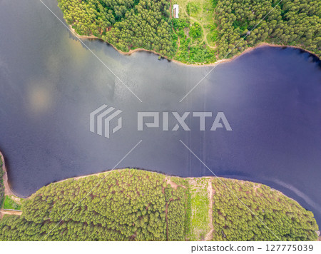 Aerial view of lake or river green shore with forest. Summer season. 127775039