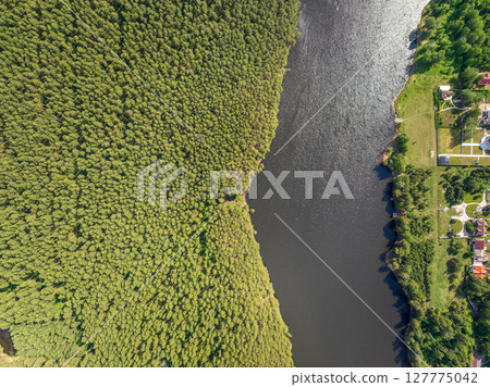 Aerial view of lake or river green shore with forest. Summer season. 127775042