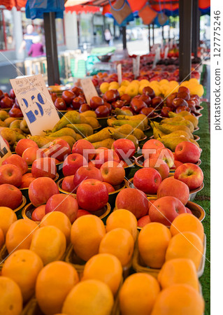 Fresh red apples, outdoor fruit farm market 127775246