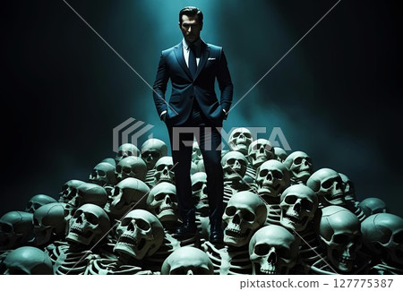 一位西裝革履的商人站在一座骷髏山上 一位西裝革履的商人站在一座骷髏山上 127775387