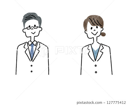 Icon illustration of a male doctor and a female doctor wearing white coats Icon illustration of a male doctor and a female doctor wearing white coats 127775412