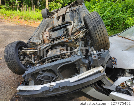 Vehicle is overturned on muddy path surrounded by greenery after likely recent accident 127775491