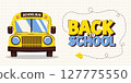 Colorful back to school banner with school bus, text, paper planes and dashed flight paths on squared paper. Template for education themed designs. Vector illustration 127775550