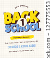 Back to School vertical invitation card or flyer with text and lettering. Checkered paper on backdrop. Vector illustration 127775553