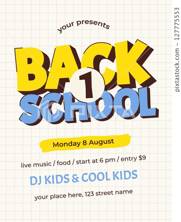 Back to School vertical invitation card or flyer with text and lettering. Checkered paper on backdrop. Vector illustration 127775553