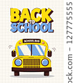 Colorful back to school poster with school bus and text. Template for education themed designs, cards and banners. Vector illustration 127775555