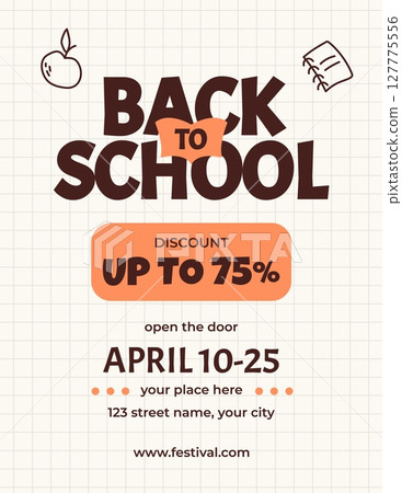 Back to school sale, discount card or flyer with handwritten school elements apple, notebook in doodle style. Checkered paper on background. Vector illustration Back to school sale, discount card or flyer with handwritten school elements apple, notebook in doodle style. Checkered paper on background. Vector illustration 127775556