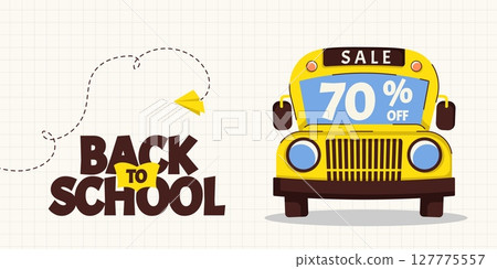 Back to school sale, discount horizontal banner with school bus. Template for education ads and school promotions. Vector illustration Back to school sale, discount horizontal banner with school bus. Template for education ads and school promotions. Vector illustration 127775557
