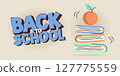 Colorful back to school horizontal banner with books, apple and text. Template for education themed designs. Flat vector illustration 127775559