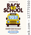 Back to school sale, discount card or flyer with school bus. Template for education ads and school promotions. Vector illustration 127775560