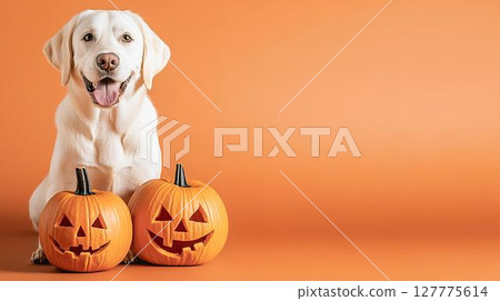 A Halloween scene with a smiling white dog in front of a pumpkin 127775614