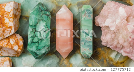 Exploring beautiful gemstones including cacholong, chrysoprase, opal, and rose calcite Exploring beautiful gemstones including cacholong, chrysoprase, opal, and rose calcite 127775712
