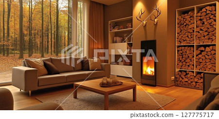 Cozy living room with fireplace and autumn view through large windows 127775717