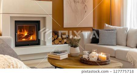 Cozy living room with a warm fireplace and inviting decor perfect for relaxation 127775718