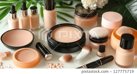 Cosmetics and makeup brushes arranged on a table for an elegant beauty routine 127775719
