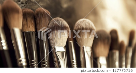 Professional makeup brushes lined up in a beauty salon ready for use during appointments Professional makeup brushes lined up in a beauty salon ready for use during appointments 127775736