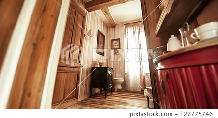 Rustic country style interior showcasing detail in a cozy room with natural light 127775746