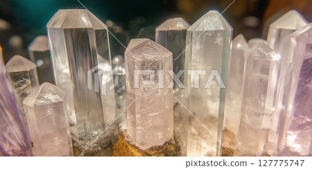 Kunzite gemstones create a stunning textured display in natural lighting conditions 127775747