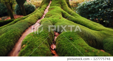 Vibrant moss covering forest ground and tree roots during a calm afternoon 127775748