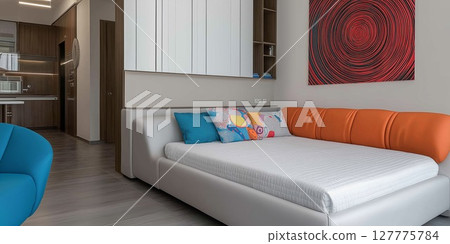 Cozy and warm children's room with a modern design and comfortable seating area 127775784