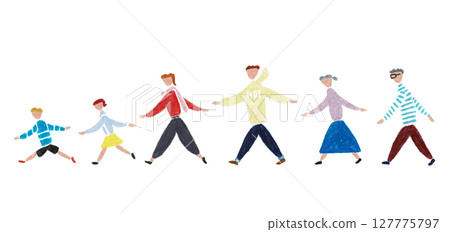 Hand-drawn illustration: Family walking together in a line 127775797