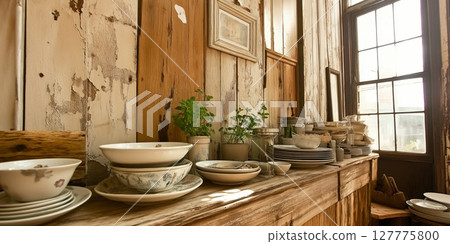 Rustic kitchen display showcasing country style decor and life details 127775800