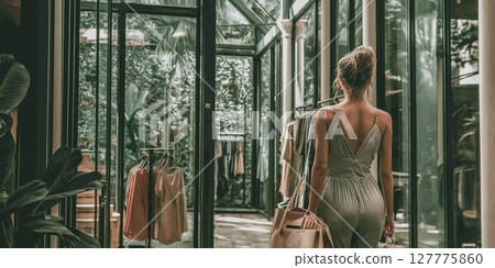 Customers enjoying shopping experience in a stylish clothing store with a modern aesthetic 127775860