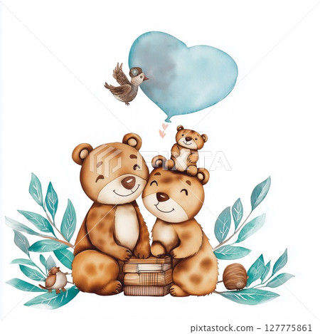 Cute watercolor bear family enjoying a moment of togetherness in pastel colors 127775861