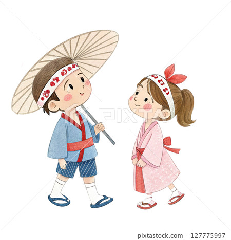 Cartoon of a boy and girl wearing Numata Festival Clipart Watercolor 127775997