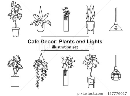 插畫素材:咖啡廳室內植物照明燈具線條畫集 插畫素材:咖啡廳室內植物照明燈具線條畫集 127776017