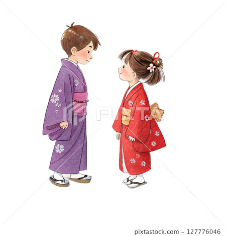 Cartoon of a boy and girl wearing Tanabata costumes Clipart Watercolor 127776046