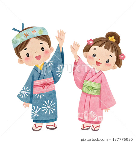 Cartoon of a boy and girl wearing Tanabata costumes Clipart Watercolor 127776050