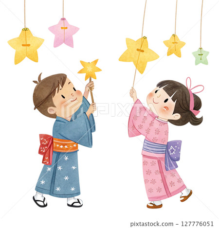 Cartoon of a boy and girl wearing Tanabata costumes Clipart Watercolor 127776051