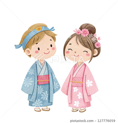 Cartoon of a boy and girl wearing Tanabata costumes Clipart Watercolor 127776059