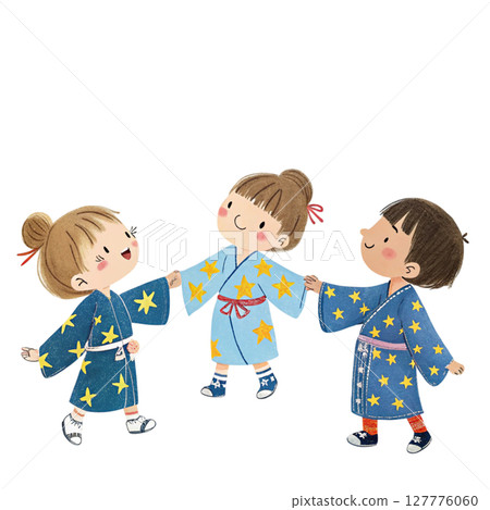 Cartoon of a boy and girl wearing Tanabata costumes Clipart Watercolor 127776060