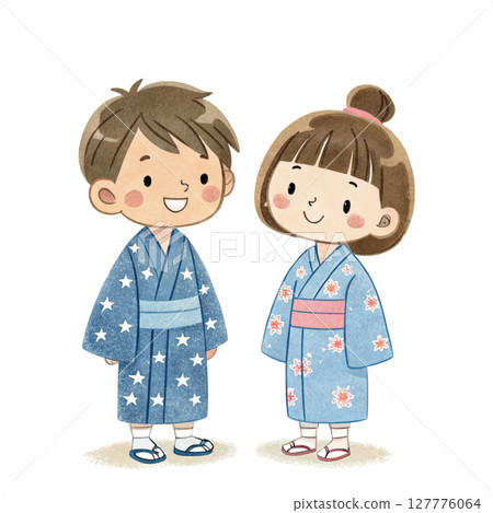 Cartoon of a boy and girl wearing Tanabata costumes Clipart Watercolor 127776064