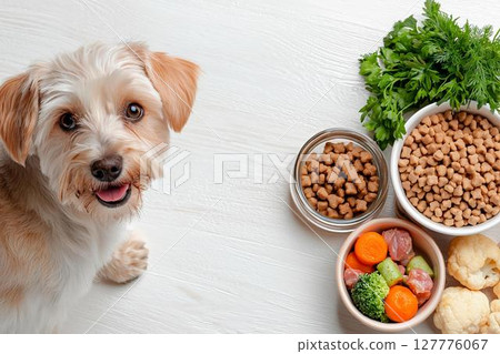 狗狗一邊吃著營養豐富的自製食物一邊微笑 127776067