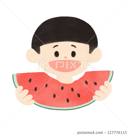 孩子吃西瓜夏天簡單水彩插圖 127776115
