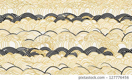 Japanese pattern decorative frame in gold and black Seigaiha color | Perfect for templates 127776456