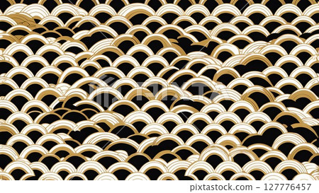 Frame material with a gold and black Seigaiha pattern | Calm Japanese-style design 127776457
