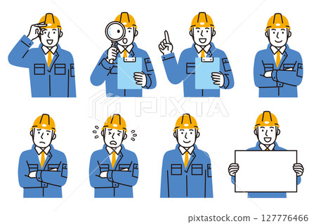 A simple illustration set of a male worker wearing work clothes and a helmet 127776466