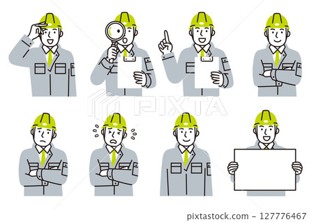 一組簡單的插圖，一名男工人穿著工作服，戴著安全帽 127776467